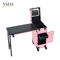 Table de manucure roulante, étui de maquillage pliable, bureau à ongles avec 4 tiroirs, étui de cosmétologie sur roulettes