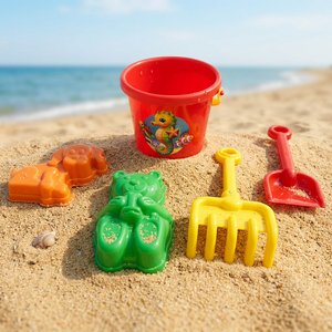 <b>Plastic</b> Beach Bucket Toy Set with Rake Shovel Sand Molds for Kids in <b>Mesh</b> Bag - Product Image 3