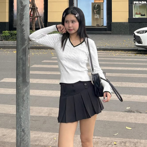 Suéter de mujer de estilo pijo Color sólido con cuello en V Cable Knit manga larga Casual moda pulóver - Product Image 4