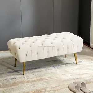 Nordic Home White Velvet Tufted Ottomans Indoor Modern Design Fabric Shoe Bench For Living Room And Bedroom