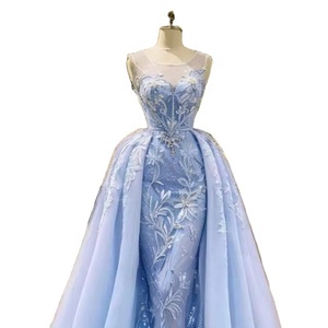 Charmant <span class=keywords><strong>bleu</strong></span> <span class=keywords><strong>ciel</strong></span> sirène soirée <span class=keywords><strong>robe</strong></span> <span class=keywords><strong>de</strong></span> bal sans manches paillettes <span class=keywords><strong>robe</strong></span> longue florale avec balayage train - Product Image 1