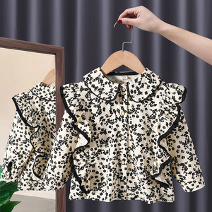 Girls Floral Blouse Cotton Long Sleeve Ruffle Collar Autumn Spring Kids Shirt Black White Patterned Children's Top - Product Image 1
