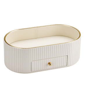 Oval Desktop Cosmetic Storage <b>Box</b> With Drawer Milky White Leather Makeup Organizer - Product Image 5