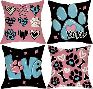 Federa per cuscino con impronta di zampa di <span class=keywords><strong>cane</strong></span> per San Valentino, cuore rosa e blu e osso, perfetta per occasioni romantiche, anniversari - Product Image 1