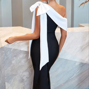 <span class=keywords><strong>Elegante</strong></span> Abito Fasciante Midi Monospalla <span class=keywords><strong>Nero</strong></span> e Bianco con Fiocco, <span class=keywords><strong>Vestito</strong></span> da Sera da <span class=keywords><strong>Donna</strong></span> per Feste - Product Image 3