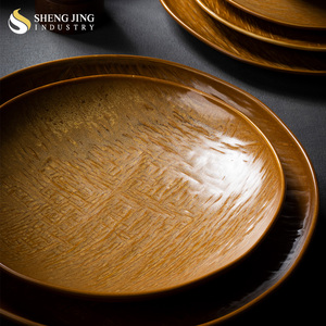 Village Rustic <strong>Wood</strong> Appearance Design 7" 9" 11" Round Ceramic Gold Galzed Deep Dish Dinner <strong>Plate</strong> - Product Image 3