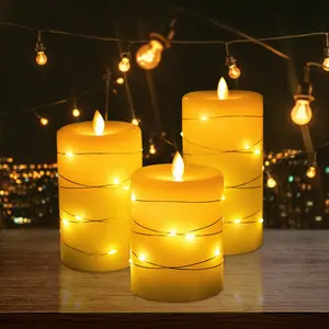 3pcs Swinging Dance Real Flameless Set Ivory Timer Remote Home Decoration Led Wax Pillar Candles Whit String Lights