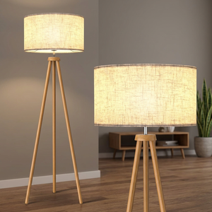 Lámpara de Pie de Madera CH con Pantalla de Lino, Diseño Escandinavo Moderno para Sala de Estar, Uso en Interiores - Product Image 1