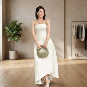 Vestido Midi Formal Elegante de Lana y Satén Color Marfil para Mujer, Sin Tirantes, Sin Cuello, con Botones, Tejido Transpirable, Sencillo, para Fiestas de Verano y Cócteles - Product Image 3