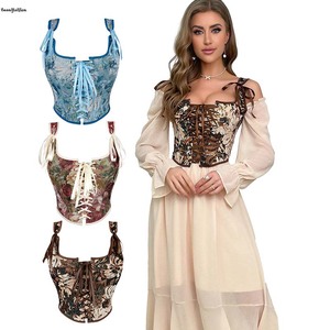 Noeud papillon bandoulière <span class=keywords><strong>femmes</strong></span> Bustier peinture à l'huile <span class=keywords><strong>Mona</strong></span> gilet sans manches débardeur bleu kaki marron Corset haut rétro Bodyshaper - Product Image 1