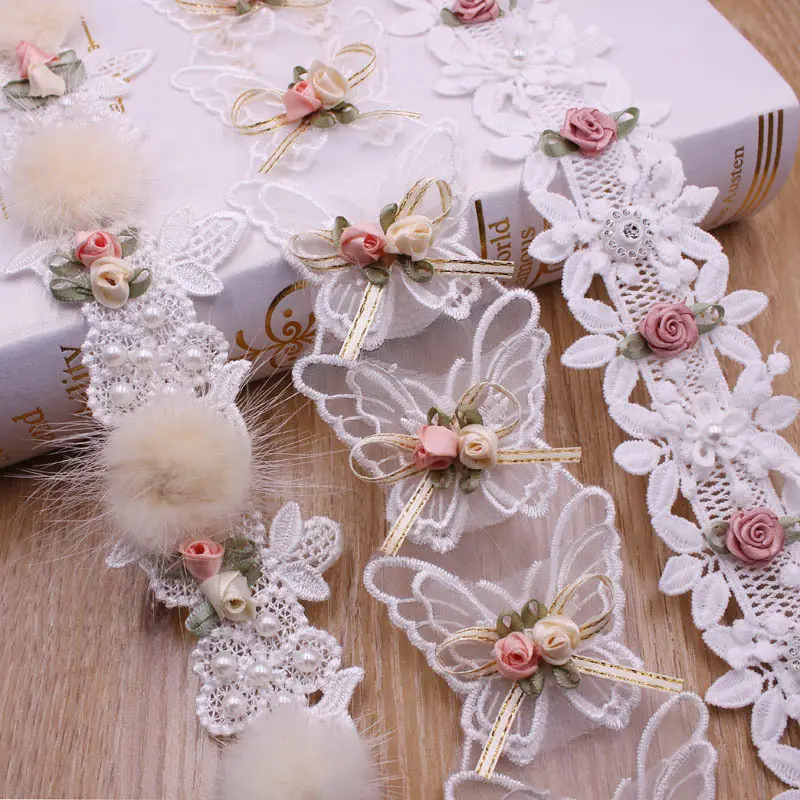 Fleurs de perles de broderie 100% coton, 5-6cm de largeur, accessoires de couture, tissus de garniture en dentelle de la mariée pour robes