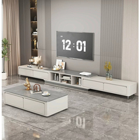 Meuble TV moderne rétractable, meuble TV extensible avec plateau en pierre frittée et tiroirs multiples, longueur réglable, basse hauteur
