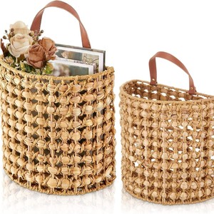 Woven Straw <b>Storage</b> Basket Round <b>Wall</b> Mounted <b>Hanging</b> Organizer For Office Books Envelopes - Product Image 1