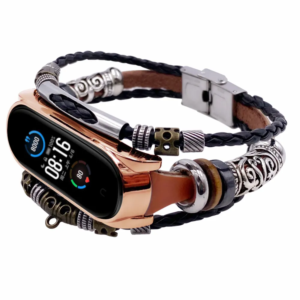 Weave Rope Genuine Leather Beading Bracelet Strap For Xiaomi Mi Band 5 Wristband