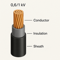 Cable de Alimentación de Cobre Flexible de 1 Núcleo, YJV de Bajo Voltaje 0.6/1KV, Aislamiento XLPE y Revestimiento de PVC, 10mm2 1-1000mm2