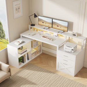 Bureau d'ordinateur en forme de L blanc moderne SENYU avec étagère et tiroirs pour poste de travail à domicile - Product Image 2