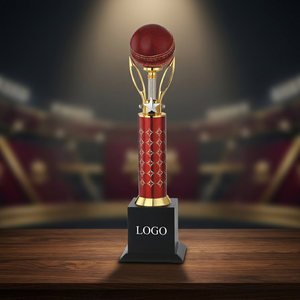 Trophée de cricket, balle rouge, base dorée, modèle 593, récompense sportive, gravure, design en métal moulé sous pression, POOJA GIFT CORPORATION, fabriqué au Gujarat - Product Image 1