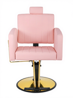 Fauteuil de barbier hydraulique rose moderne avec dossier et repose-pieds réglables pour services professionnels de coiffure en salon