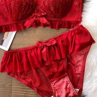 Set Lingerie Renda Bunga Hem dengan Hiasan Pita Besar, Bra Push Up Berkawat, Celana Dalam Pinggang Tinggi, Pakaian Dalam Wanita Seksi untuk Malam Hari