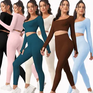 2023, superventas, 2 uds., conjunto de Yoga de estiramiento alto sin costuras, chándal, conjunto de gimnasio, camiseta sin mangas acanalada, mallas con Control de barriga para mujer