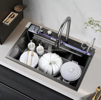 Évier de cuisine moderne à cuve unique, design cascade noir, évier de cuisine multifonctionnel en acier inoxydable