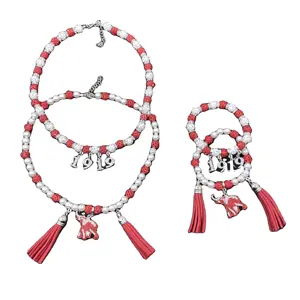 Delta Red White Bling Beaded Custom Elastic Handmade DST Rhinestone Elephant Charm Tassel Necklace Bracelets Set Jewelry