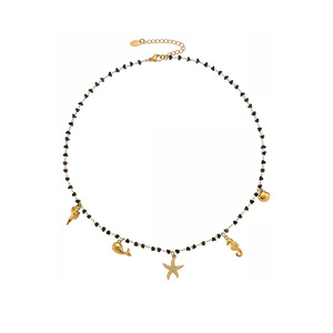 Vintage 18K oro acero inoxidable negro cristal Ábaco piedra Natural hueco cuenta cuatro puntas estrella colgante collar 41 + 5cm - Product Image 5