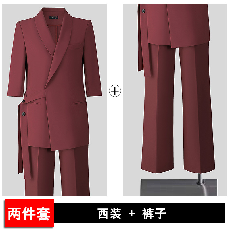 plum-colored suit trousers