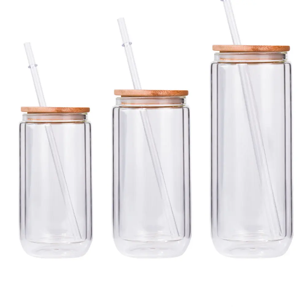 Vaso de cristal con forma de lata de pared doble, tapa de bambú y paja, 12oz, 16oz, 20oz, gran oferta