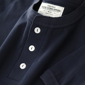 230Gヘビーヘンリー糸染めニット100%オーガニックコットンメンズサマー半袖Tシャツアメリカンレトロスタイル無地スマート - Product Image 3