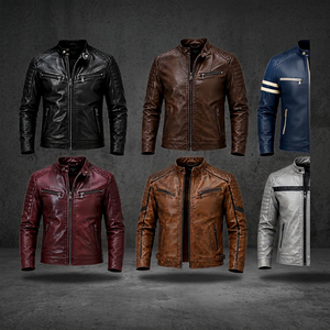 Men's Genuine <b>Leather</b> Moto Biker <b>Jacket</b> Stand Collar Zipper Closure Slim Fit Autumn Solid Color Regular Length - Product Image 4