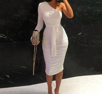 Vente chaude Mode Élégant Blanc À Manches Longues Femmes Club Robes D'été Une Épaule Midi Discothèque Robes Femmes Sexy Club