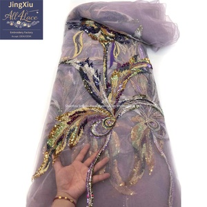 Tessuto in Rete Ricamato con Paillettes Floreali Grigio Viola Oro con Grandi <span class=keywords><strong>Motivi</strong></span> Applicati per Caftani, Abaya e Abiti da Sera - Product Image 3
