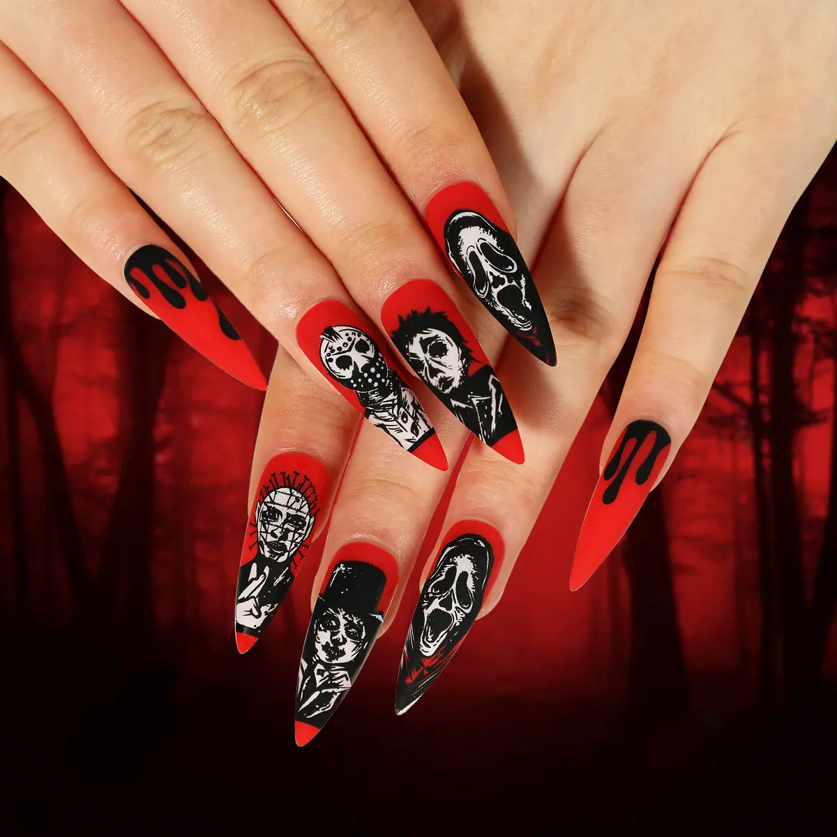 Hallo wmas Gothic Skeleton Press On Nails Rot Schwarz Spinnennetz French Tip Maniküre Acryl Stick On Nails Hochwertige Nail Art