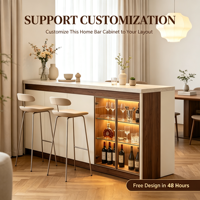 Meuble de bar moderne personnalisé, durable et écologique, avec vitrine à vin, éclairage LED, dessus en pierre, bordure en bois, comptoir îlot, OEM ODM