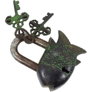 PARIJAT HANDICRAFT Functional Brass Beautiful Padlocks 3.5\" Rust Look New Item Two <b>Keys</b> Garden <b>Lock</b> Fish Padlock Unique Design - Product Image 3