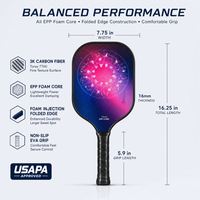 Raquette de pickleball en fibre de carbone, forme allongée, surface haute adhérence en cuir, protection de bord injectée de mousse de 20 mm d'épaisseur, conforme USAPA