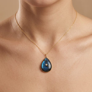 Collar con Colgante de Labradorita Azul Fuego en Forma de Lágrima con Circonita Cúbica, Engaste de Bisel Chapado en Oro de 18k, Cadena de Latón para Mujer - Product Image 3