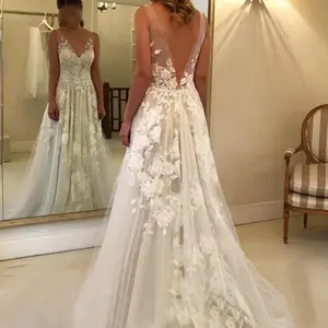 New Double Shoulder Deep V-Neck Slim Fit Lace Sexy Shoulder Wrap Tail Wedding Dress elegant lace long sleeve wedding dress