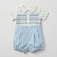 Barboteuse Classique Smockée à Rayures pour Bébé Garçon - Bleue, Boutonnée, Manches Courtes, Été, Tissu Respirant en Coton/Polyester
