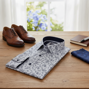 Camisa de Vestir Formal de Primavera, Cuello Cuadrado, Diseño Paisley Azul, 100% Algodón Popelina, Alta Calidad - Product Image 3