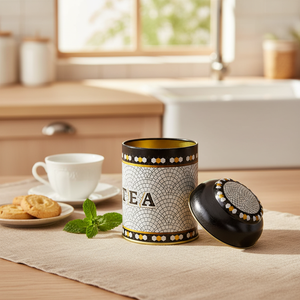 90 x 110 mm round Metal Tin with 0.6L Capacity and Dome Lid Geometric Mosaic Pattern Storage Bottle & <b>Jar</b> - Product Image 3