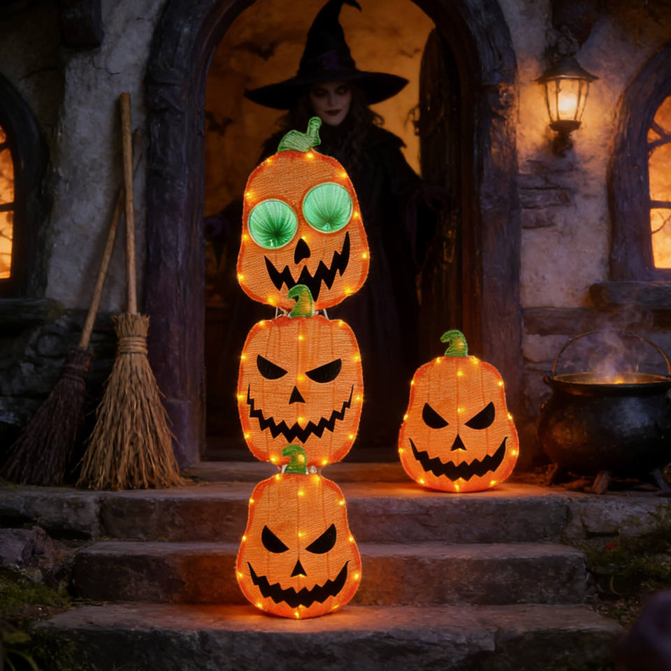 Lighted Halloween Pre-Lit Stacked Pumpkin Jack O Lanterns Mirror Light ...