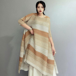 ชุดเดรสชีฟองทรงเอไลน์สำหรับผู้หญิงไซส์ใหญ่ ลายทางไล่สี แต่งผ้าแบบแพทช์เวิร์ค  ความยาวระดับเข่า  ใส่สบายๆ  รักษ์โลก  ผลิตตามแบบ ODM  ใส่ได้ทุกวัน  100% - Product Image 2