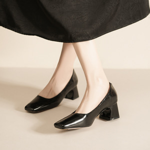 5688A Square Toe Pumps Medium <b>Block</b> Heel Genuine Leather <b>Rubber</b> Outsole Anti Slip Office Shoes For Women - Product Image 3