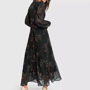 Robe longue élégante pour femme, col en V, manches longues, imprimé floral romantique, en mousseline de soie, coupe ajustée - Product Image 2