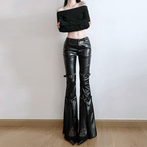 Pantalones de Mujer de Piel Sintética con Corte Acampanado, Cintura Baja, Hebilla de Cinturón, Adorno de Encaje, Estilo Casual y Urbano - Product Image 3