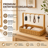 Plateau de rangement d'entrée en rotin synthétique PP tissé à la main avec 4 crochets en bois pour clés, bijoux et articles divers de bureau