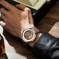 Montre mécanique personnalisée avec logo, phase de lune, boîtier en alliage à cœur ouvert, bracelet en silicone marron, automatique, marque de mode, montre de luxe pour homme