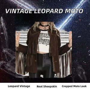 Veste en cuir vintage à franges pour femme, veste courte de motard, vêtement d'extérieur pour l'automne - Product Image 2